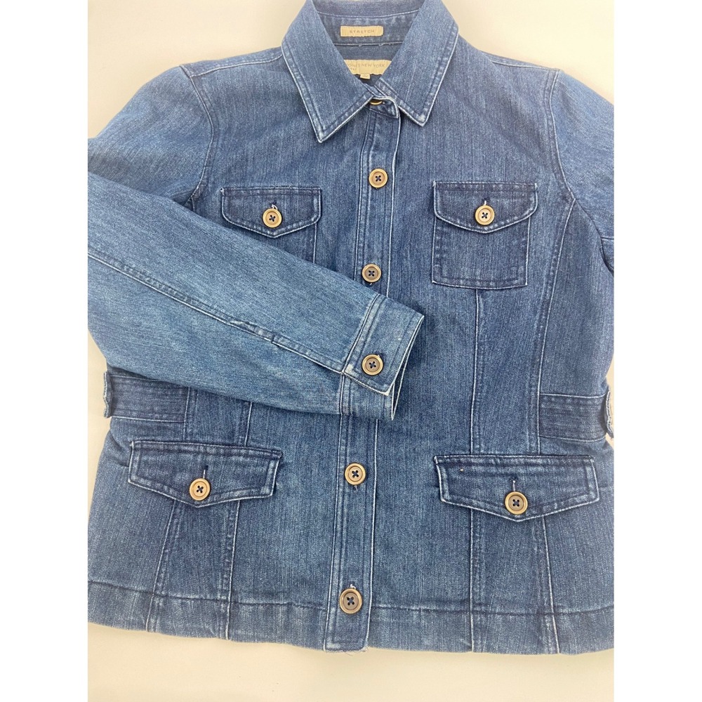 Jones New York Sport Women Denim Jean Jacket Blue Stretch Utility Pockets Size L